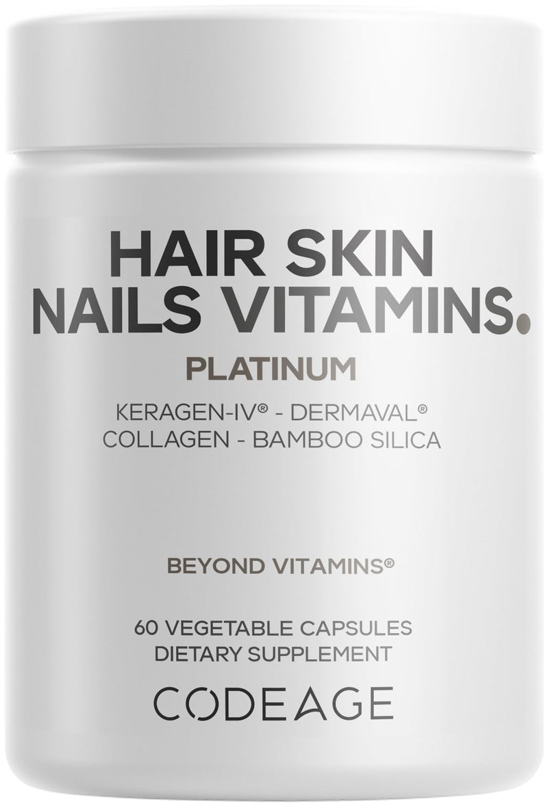 Codeage Hair Skin Nails Vitamins, KeraGEN-IV, Dermaval, Biotin, 60 Capsules | Hair, skin and nails formula with KeraGEN-IV keratin, biotin 5000mcg, marine collagen, hyaluronic acid and Dermaval. Non-GMO.