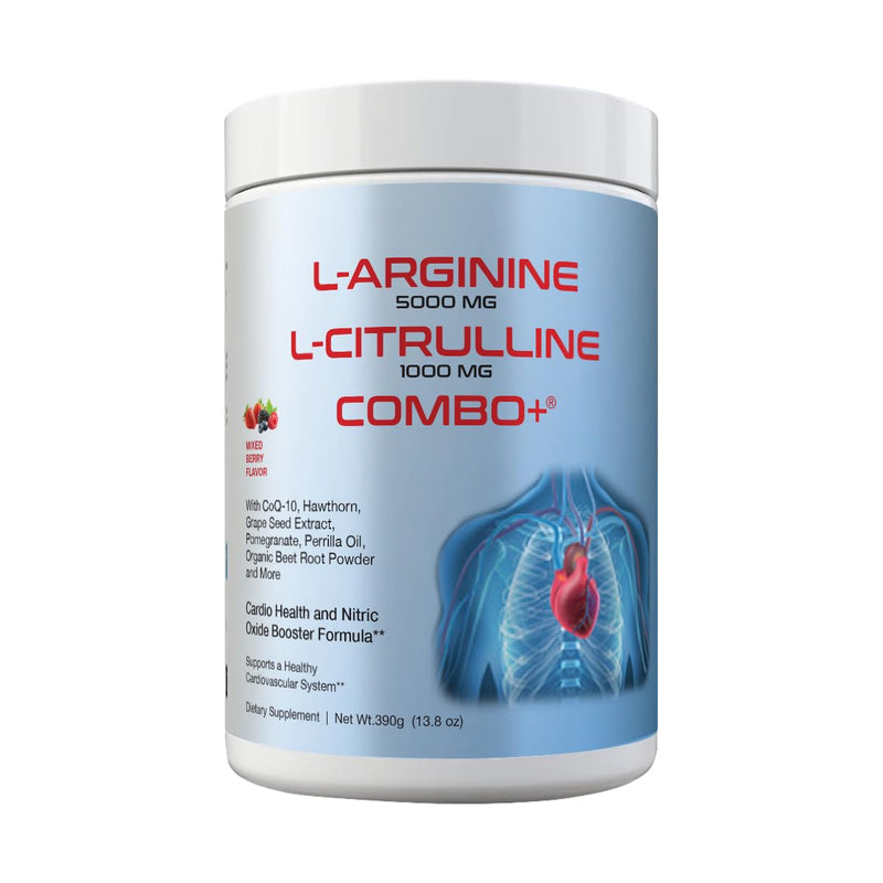 L-Arginine 5000mg & L-Citrulline 1000mg Combo+® - Mixed Berry, 30 Servings, 390g Nitric Oxide Booster Drink Mix Powder - CoQ10 & Organic Beet Root - High Potency Heart & Circulation Support USA 13.8 Ounce (Pack of 1)