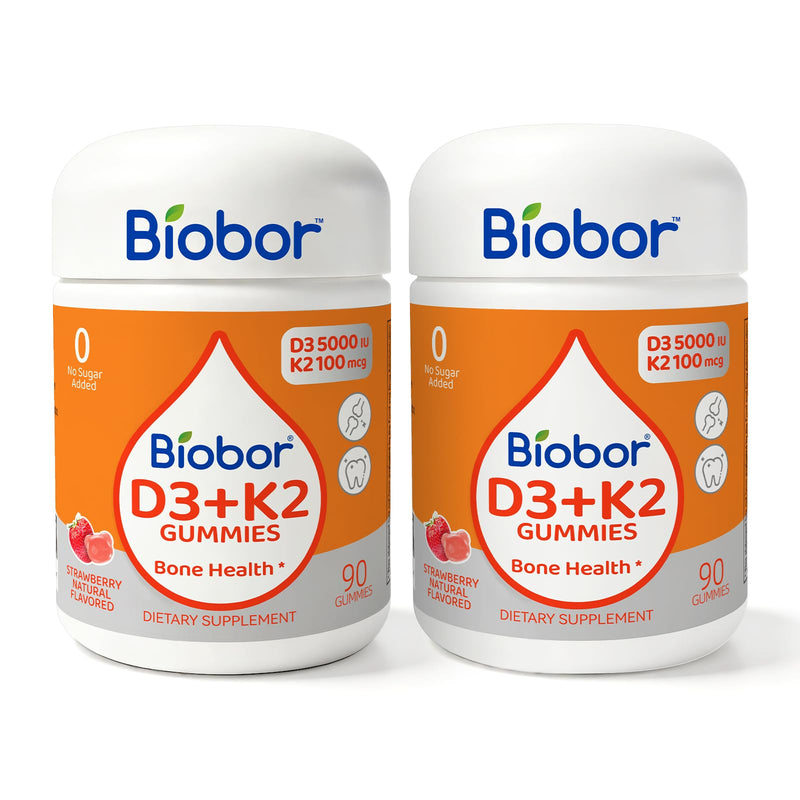 Biobor Natural Vitamin D3 K2 Gummies, 5000 IU D3 + 100 mcg MK-7, 180 Count | Strawberry Vitamin Gummies, Supports Bone & Immune Health. No Sugar Added, Non-GMO, Gluten-Free. Daily Wellness. 90 Count (Pack of 2)