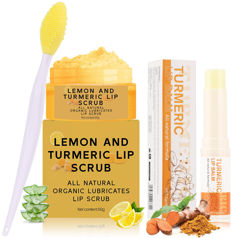 3PCS Turmeric Lip Scrub & Balm Set with Brush for Dark Lips, Nourishing Lip Care, Moisturizing Natural Formula, Removes Lip Dullness, Repairs Dry, Chapped Lips 0.01 Ounce (Pack of 3)