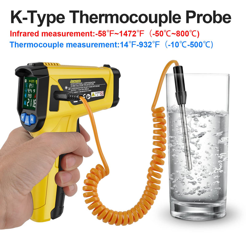 Infrared Thermometer Gun, TEMIRUP Non Contact Digital Laser Temperature Gun with K-Probe for Industrial, Cooking, Griddle,Engine, HVAC, Humidity,Adjustable Emissivity -58°F to 1472°F(-50~800°C) - BeesActive Australia