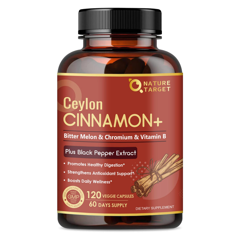 NATURE TARGET Ceylon Cinnamon for Energy & Digestion, 120 Capsules | 1000mg True Ceylon Cinnamon with Bitter Melon, Chromium, and B Vitamins, Supports Energy, Digestion, and Metabolism, Vegan 120 Count (Pack of 1)