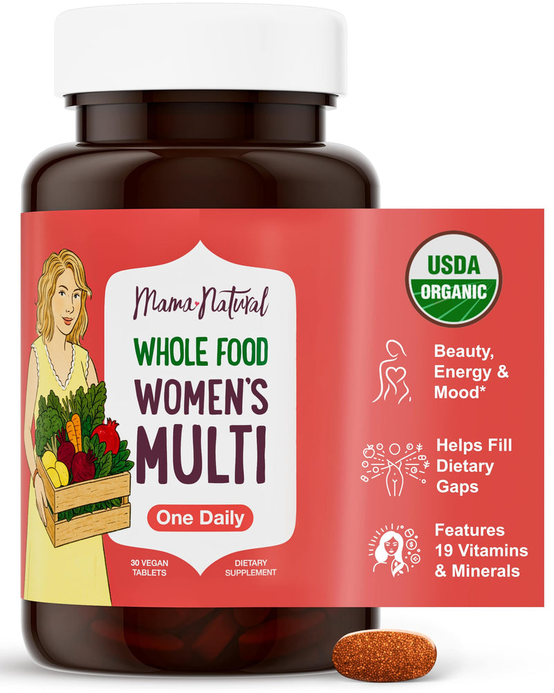 Mama Natural Organic Women's Multivitamin – Whole Food Based, 1 A Day Vegan Tablet – USDA Organic, Non-GMO, Clean Label Multivitamin for Women – 30 Day Supply with Iron & Methylated B12