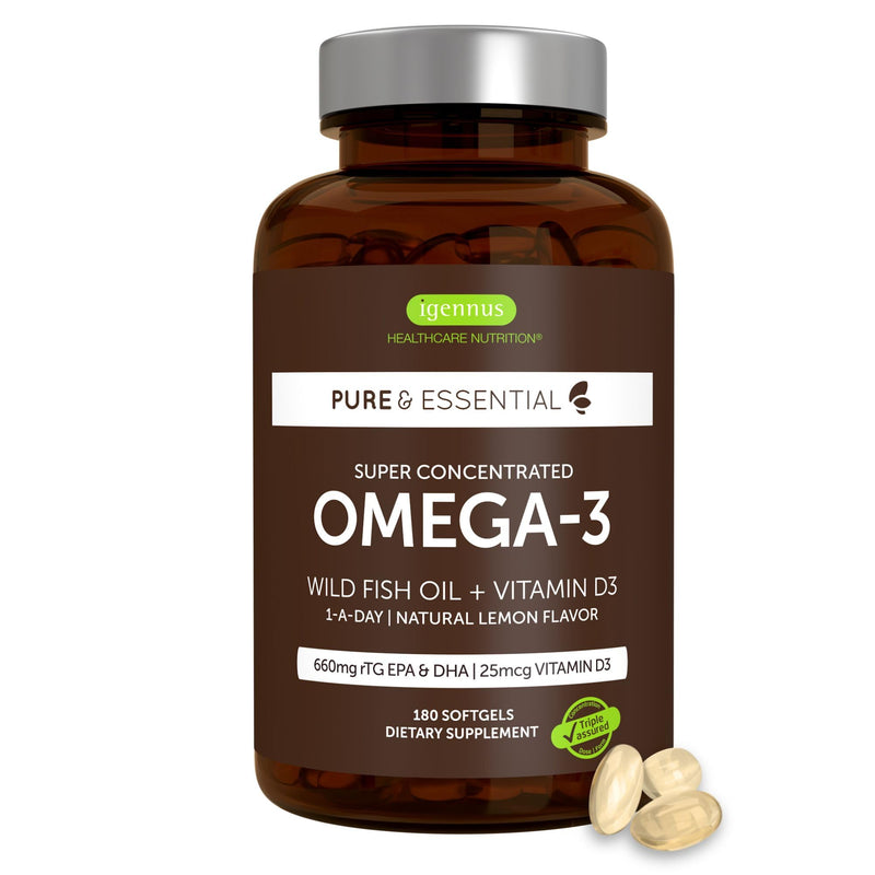 Igennus Ultra Pure Omega-3 rTG, IFOS Certified Wild Fish Oil & Vitamin D3 | Complete 1-a-Day Omega-3 & D3, 660mg EPA & DHA Plus 1000 IU D3, Fast-Acting Triglyceride Form, Non-GMO, 180 Softgels 180 Count (Pack of 1)