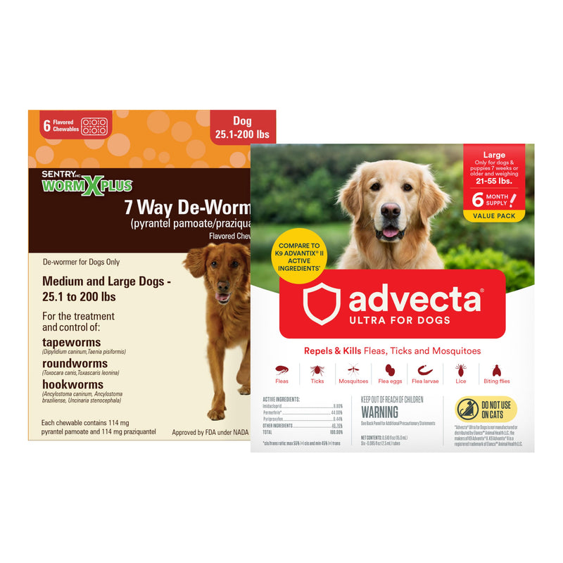 WORM X PLUS 7 Way DeWormer for Large Dogs Over 25 lbs (6 Count) + ADVECTA Flea and Tick Prevention for Large Dogs 21-55 lbs (6 Count) Bundle