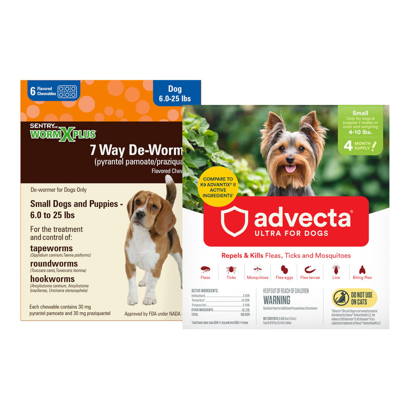Worm X Plus 7 Way DeWormer for Small Dogs 6-25 lbs (6 Count) + ADVECTA Flea and Tick Prevention for Small Dogs 4-10 lbs (4 Count) Bundle