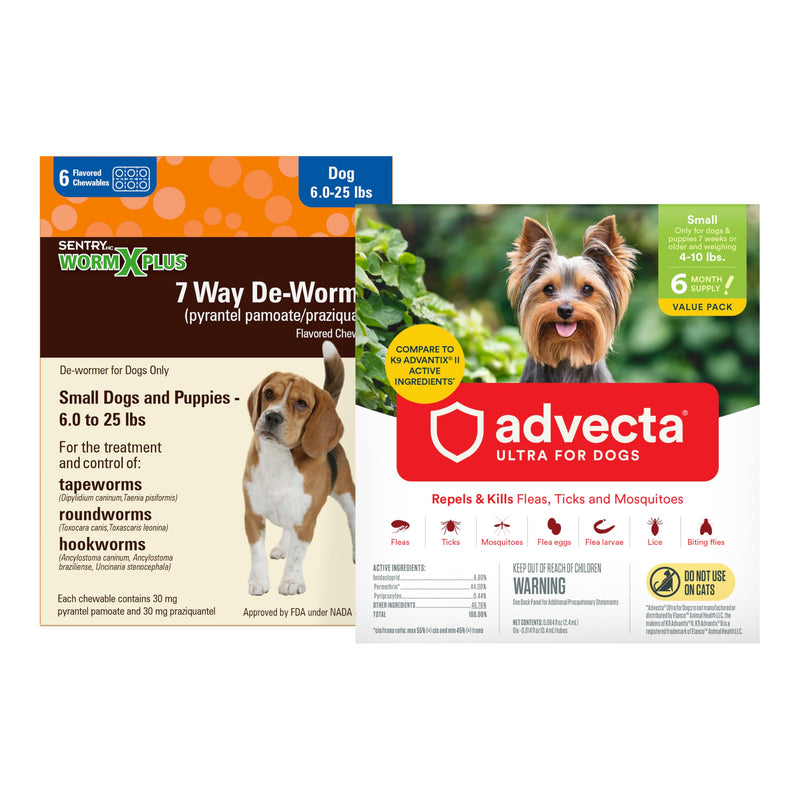 WORM X PLUS 7 Way DeWormer for Small Dogs 6-25 lbs (6 Count) + ADVECTA Flea and Tick Prevention for Small Dogs 4-10 lbs (6 Count) Bundle