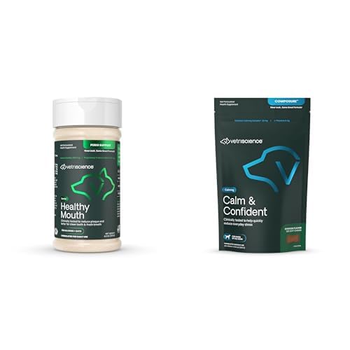 VetriScience Pet Care Bundle: Healthy Mouth Dental Powder 4.2 oz for Dogs & Cats + Calm & Confident Calming Chews 120 Count for Dogs