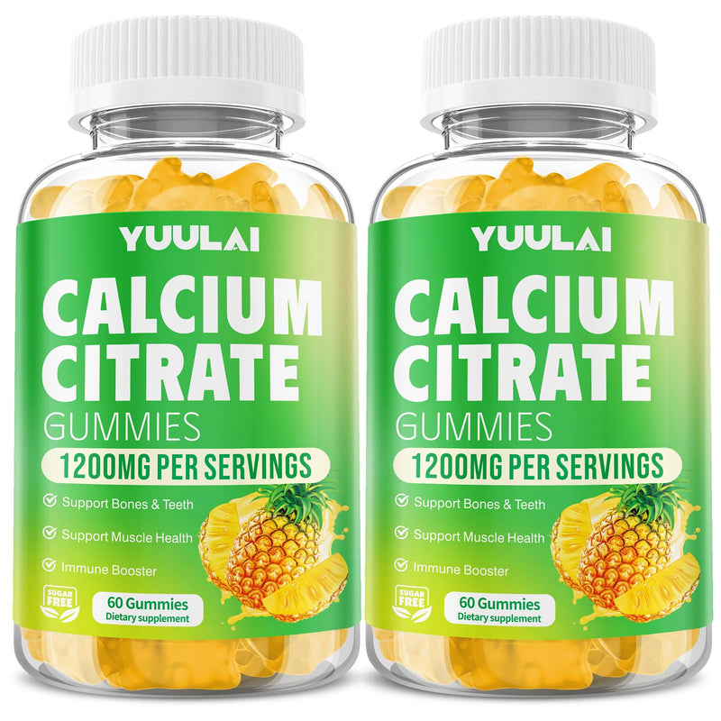 Pack of 2 Calcium Citrate Gummies 1200mg, Chewable Calcium Supplements for Women & Men, Sugar Free Calcium Gummies for Bone, Muscle & Immune Support, Pineapple Flavor, 120 Count 120 Count (Pack of 1)