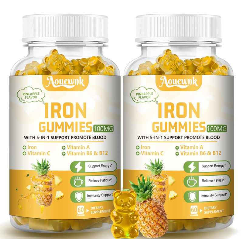 2 Packs 100MG Iron Supplement Gummies for Women & Men | with Vitamin C, A, B - for Adults & Kids, Iron Deficiency, Immune & Energy Support, Pineapple Flavor, Non-GMO, 120 Counts 60 Count (Pack of 2)