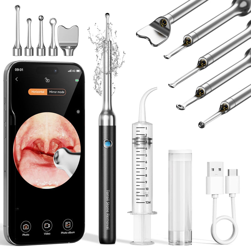 Upgraded Tonsil Stone Remover with Camera, Visual Tonsil Stone Removal Kit with 6 LED Light, Tonsil Stone Removal Tool Camera with 1080P, 5 Head Attachments, for iOS & Android (Black) Black - BeesActive Australia