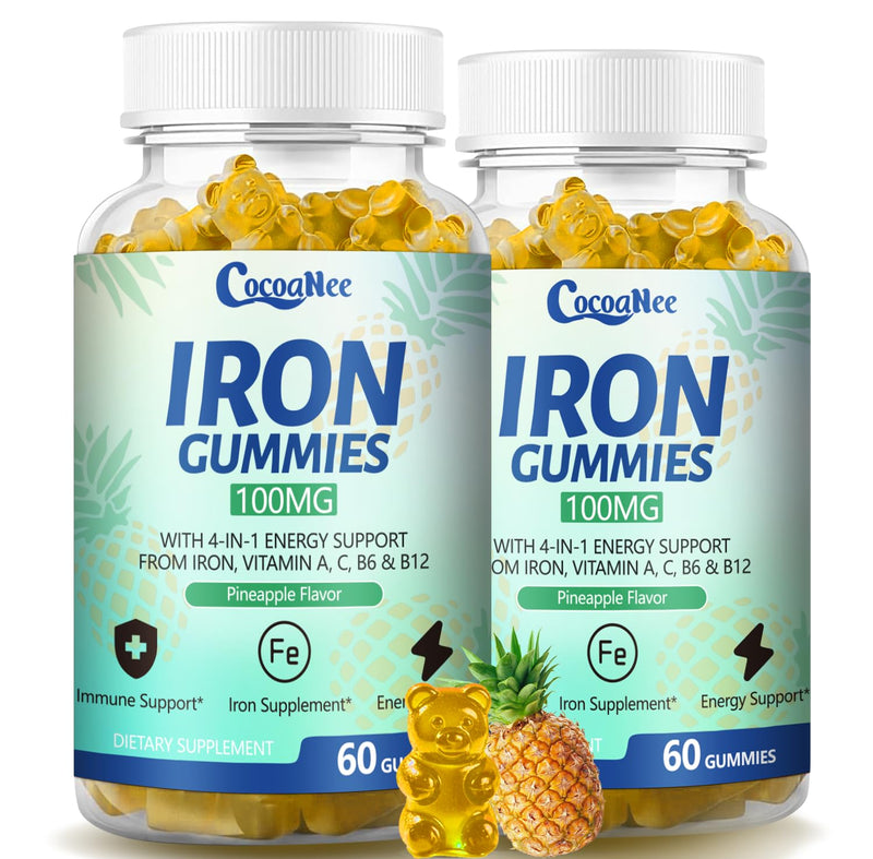 2 Pack 100MG Iron Supplements, Iron Gummies for Women & Men - Vitamin C, A, B12 - Complex, Improve Absorption, Energy Boost, Iron Deficiency for Adults & Kids - Complex Folate, Zinc, 120Cts 60 Count (Pack of 2)