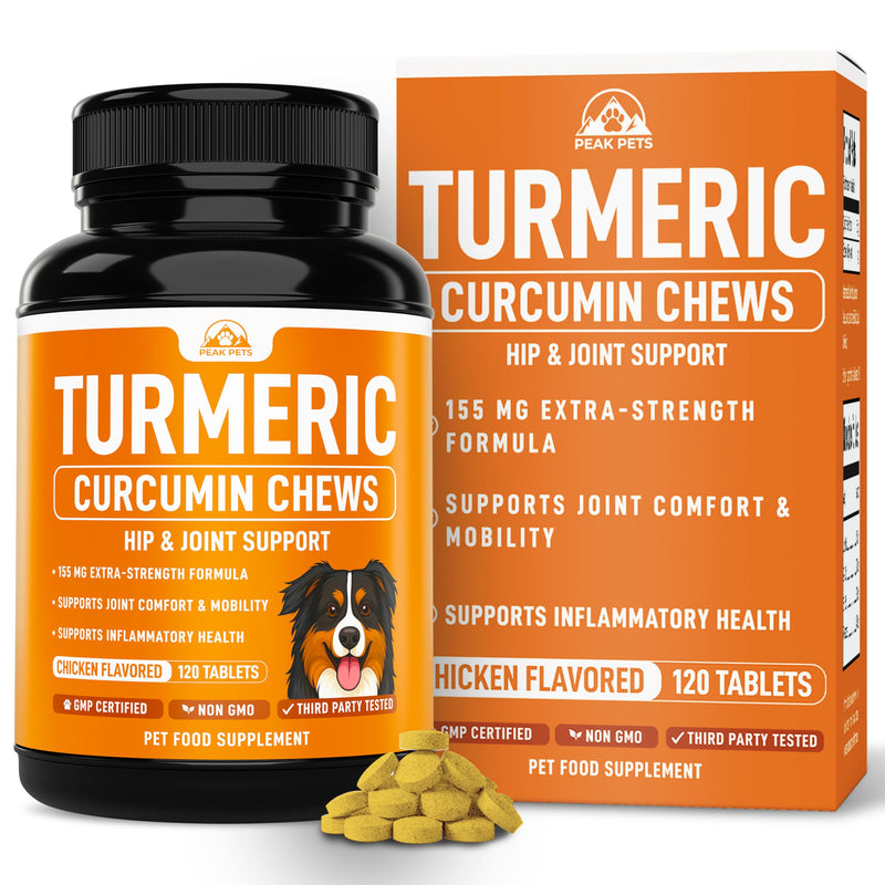 Turmeric for Dogs (155mg) Turmeric Curcumin Supplement for Dogs with BioPerine - Immune System Hip, Mobility & Joint Support - 120 Chicken Flavor Chewable Tablets - Third Party Tested & Non-GMO