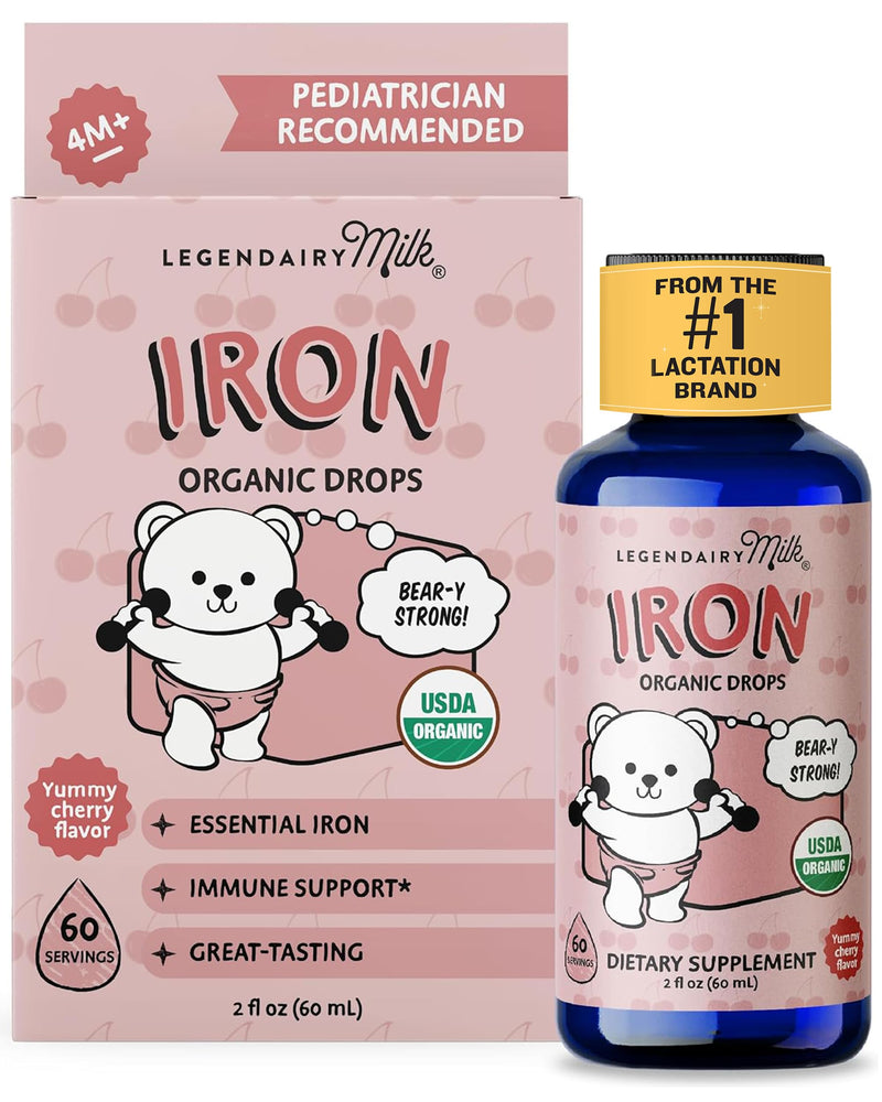 Legendairy Milk Organic Toddler Iron Drops, Cherry Flavor, 60 Servings | Polysaccharide iron supplement with vitamin C and zinc, Ideal for kids 4 months - 3 years. Sugar-Free, Non-GMO, Vegan
