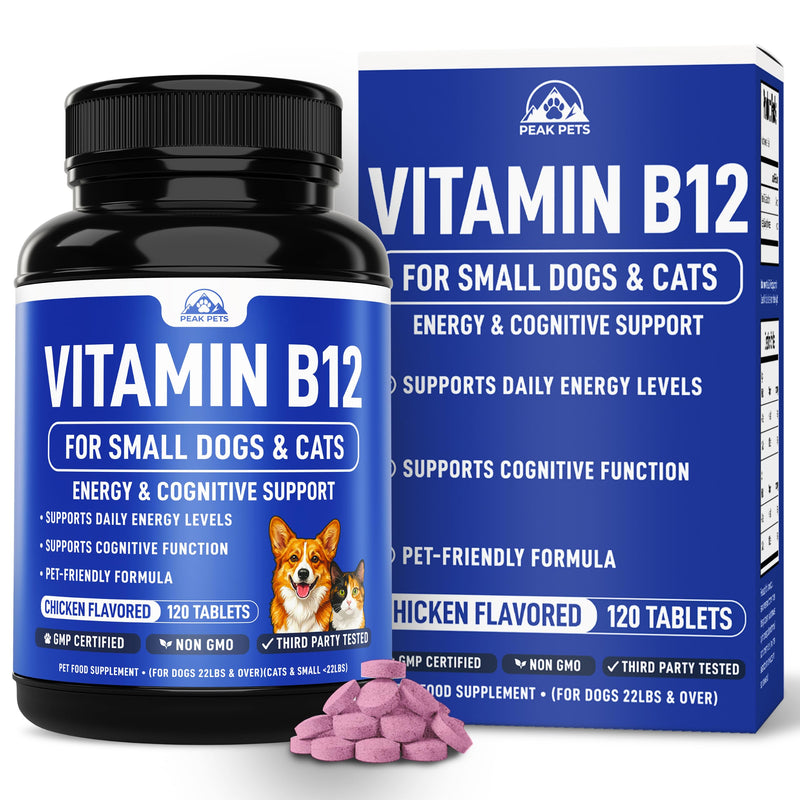 Vitamin B12 Supplement for Small Dogs & Cats with Cobalamin, Folate - Vitamin B12 Dogs and Cats Tablet Energy & Cognitive Support - 120 Chicken Flavored Chewable Tablets -Third Party Tested, Non GMO