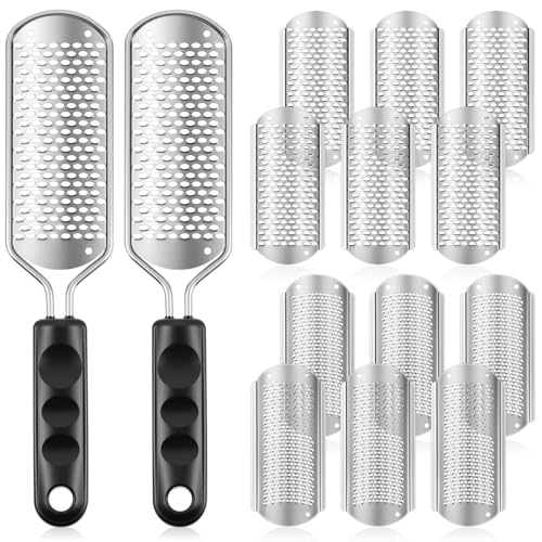 Moxweyeni 14 Pack Colossal Foot File Pedicure Tools Sets with 2 Styles Large and Small Hole Replacement Callus Remover Blades, Stainless Steel Detachable Pedicure Foot Rasp for Dead Skin Remover Silver