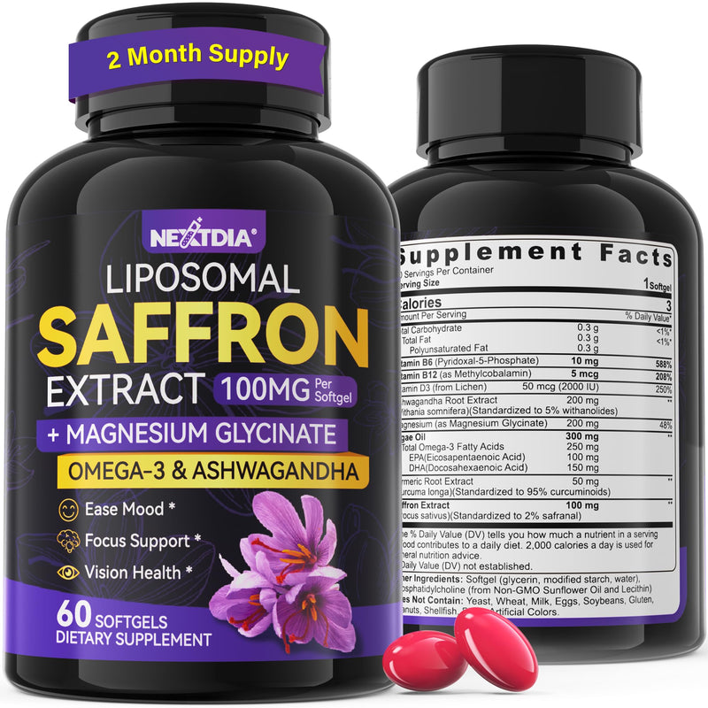 Saffron+Magnesium Glycinate+Omega-3- Mood+ Calm Focus Supplements,100% Pure | Saffron Extract 100mg-Liposomal Saffron Supplements w/Turmeric, Ashwagandha, Vit B6, B12, D3 for Brain, Energy, 60 Softgels. 60 Count (Pack of 1)