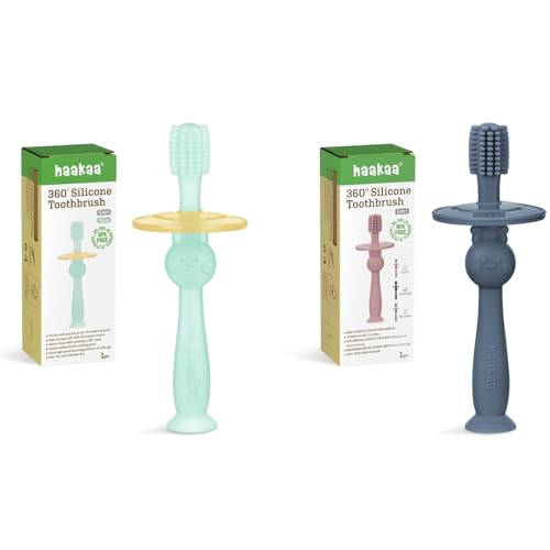 haakaa 360° Baby Toothbrush with Suction Base - Food-Grade Silicone, Adjustable Safety Shield - Blue+Steel Blue (2 PCS)