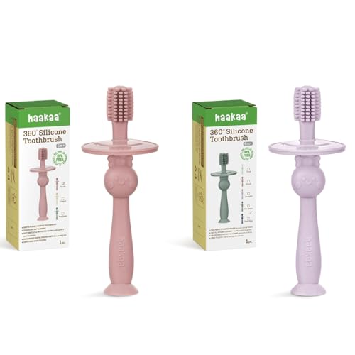 haakaa 360° Baby Toothbrush with Suction Base - Food-Grade Silicone, Adjustable Safety Shield - Blush+Lavender (2 PCS)