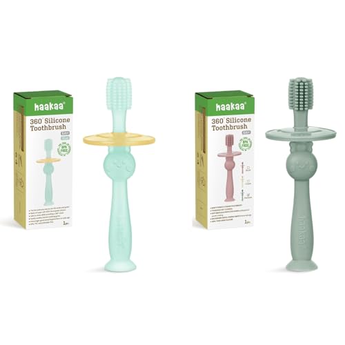 haakaa 360° Baby Toothbrush with Suction Base - Food-Grade Silicone, Adjustable Safety Shield - Blue+Pea Green(2 PCS)