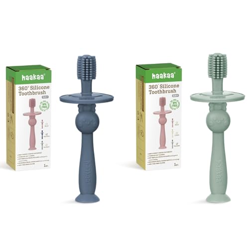 haakaa 360° Baby Toothbrush with Suction Base - Food-Grade Silicone, Adjustable Safety Shield - Steel Blue+Pea Green (2 PCS)
