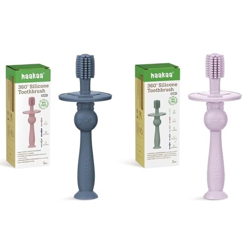 haakaa 360° Baby Toothbrush with Suction Base - Food-Grade Silicone, Adjustable Safety Shield - Steel Blue+Lavender (2 PCS)