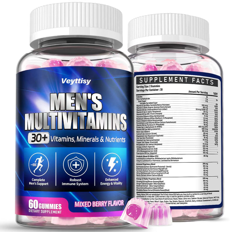 Methylated Multivitamin Gummies for Men | Mens Multivitanins Gummy with Vitamins A C D K E, Methylated Folate, B Complex, Probiotics, Omega-3, CoQ10, Herbal Blend Mixed Berries 60 Count (Pack of 1)