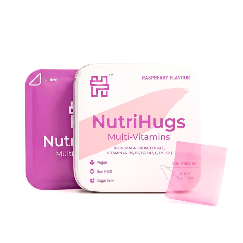 NutriHugs Daily Multivitamin Dissolving Strips - Vitamins A, B-Complex, C, D3 and K2 - 11 Essential Vitamins & Minerals - Vegan, Sugar-Free, Fast-Absorbing Oral Thin Film - Doctor-Founded - 30 Count