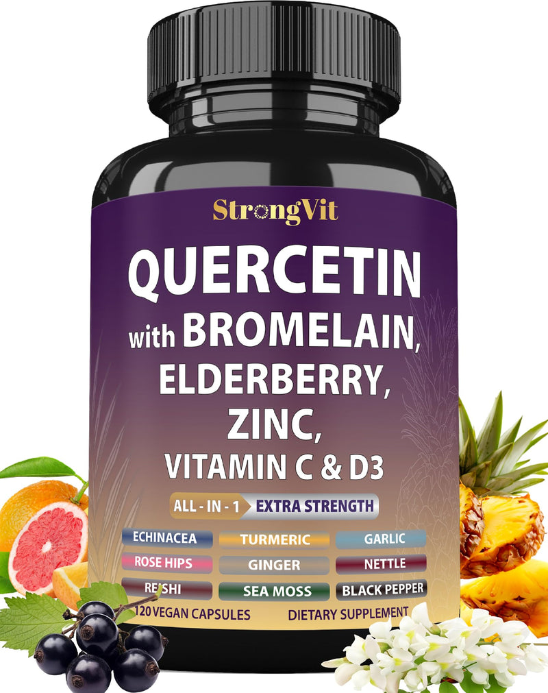 StrongVit Quercetin with Bromelain, Elderberry, Vitamin C, D3 and Zinc. Super Immune Support Supplement. Organic Complex for Men & Women, Non-GMO, Gluten-Free, Vegan, USA (120 Capsules) 120 Count (Pack of 1)
