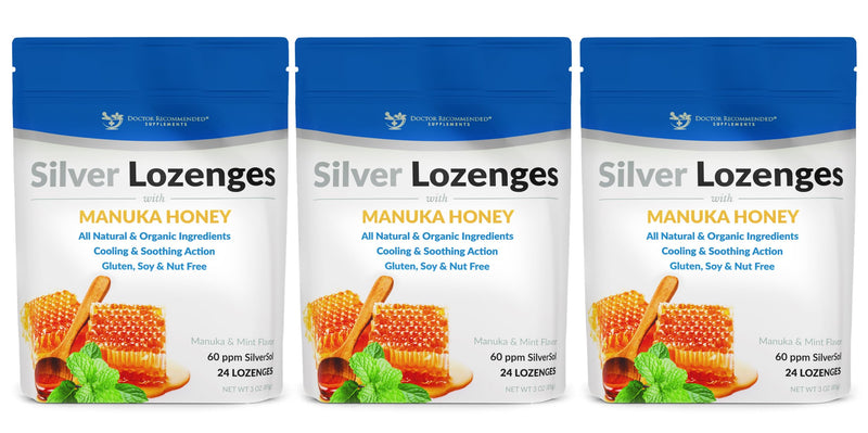 Silver Lozenges with Organic Manuka Honey and Vitamin C - All-Natural Nano Silver 45-50mcg of 60 PPM Colloidal Mineral Drops to Support Immune System, 72-Lozenges 24 Count (Pack of 3)
