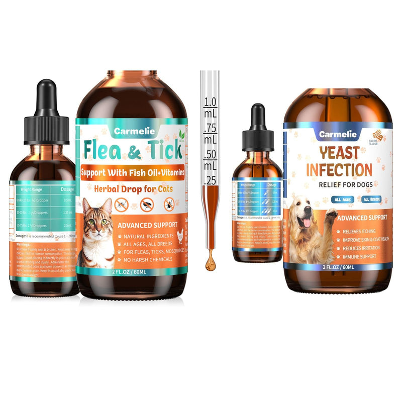 Flea and Tick Support for Cats & Natural Yeast Relief for Dogs, Natural Liquid Drops for All Breeds, Kittens to Senior Cat