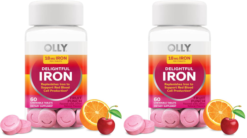 OLLY Delightful Iron Chewable Tablet, Iron Supplement from AB Fortis, Fruit Punch Flavor, 30 or 20 Day Supply - 60 Count (Pack of 2) 60 Count (Pack of 2)