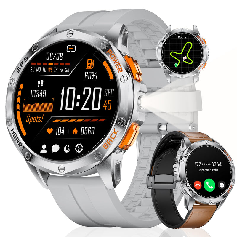 LIGE DM1 GPS Military Smart Watch for Men, 100+ Sports Modes Fitness Tracker, LED Flashlight/Compass/45 Days Battery/IP68 Waterproof 1.43'' AMOLED Always on Display Smartwatch for Android iOS, Sliver DM1-D1-US