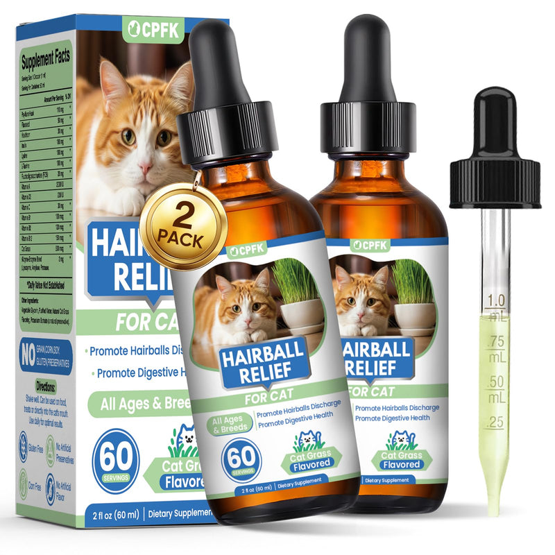 Cat Hairball Remedy Drops, 60 ml (2 fl oz) 2 Pack Cat Hair Ball Treatment Furball Control Relief Helps Eliminate and Prevent Hairballs for Indoor Cats Supports Skin and Coat Digestion 4 Fl Oz