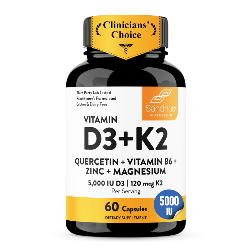 Vitamin D3 K2 5000 IU 120mcg Magnesium Zinc B6 Quercetin Capsules 60 Count | 6-in-1 D3+K2 Supplements Supports Bone, Immune, Energy And Muscle Health, Gluten-Free, 2-Month Supply, USA Made by Sandhu's 60 Count (Pack of 1) 5000 IU Capsules