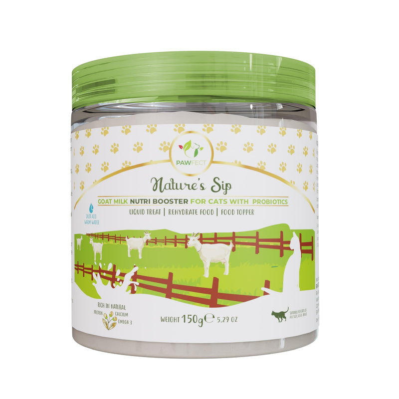 Pawfect Nature's Sip Goat Milk Digestive Care Powder for Cats | 100% Natural | Rehydrate Food | Pre & Probiotic Milk Supplement | Immunity Booster | Food Topper | Liquid Treat (150g/5.29oz)