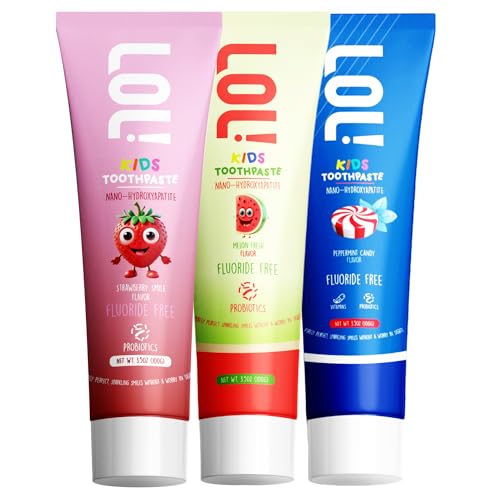 LOL Kids Toothpaste 3-Flavors Pack | Nano Hydroxyapatite Toothpaste, Probiotics, Vitamins A, C, E | Safe if Swallowed, No SLS | 1 Peppermint, 1 Strawberry & 1 Melon Flavor