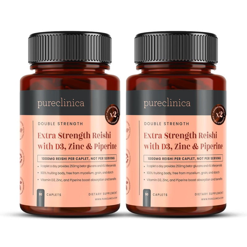 pureclinica Reishi Mushroom Extract 1000mg (5:1) per Tablet – 180 Caplets (2 x 90, 6-Month Supply) – with Vitamin D3 (25µg), Zinc (15mg) & Piperine (5mg – Fruiting Body Ganoderma lucidum) 90 Count (Pack of 2)