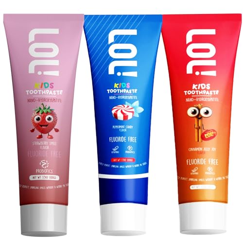 LOL Kids Toothpaste 3-Flavor Pack | Nano Hydroxyapatite Toothpaste, Probiotics, Vitamins A, C, E | Safe if Swallowed, No SLS | 1 Peppermint, 1 Strawberry & 1 Cinnamon