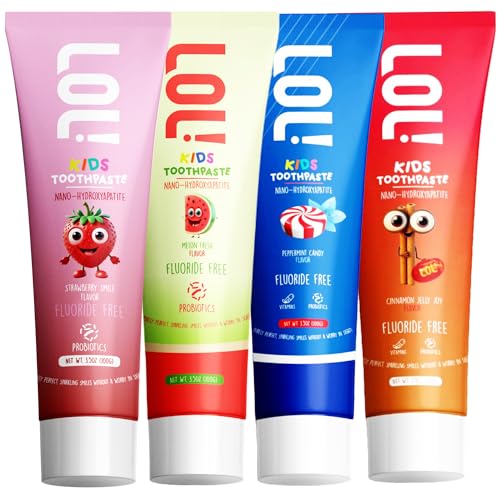 LOL Kids Toothpaste | Fluoride Free 4-Flavors Pack | Nano Hydroxyapatite Toothpaste, Probiotics, Vitamins A, C, E | Safe if Swallowed, No SLS | 1 Strawberry, 1 Melon Flavor, 1 Peppermint, 1 Cinnamon