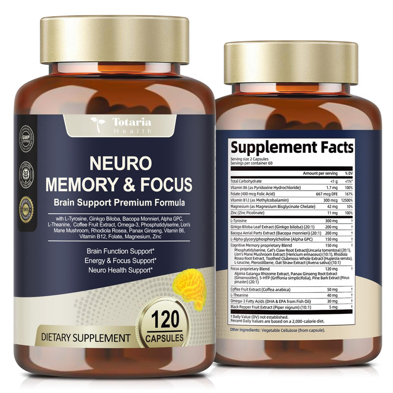 C-affeine Pills Brain Supplements for Memory and Focus L-Tyrosine, Alpha GPC, Ginkgo Biloba, Bacopa Monnieri, Brain Nootropic Cognitive Support - Non-GMO, Gluten Free (120 Counts) 120 Count (Pack of 1)