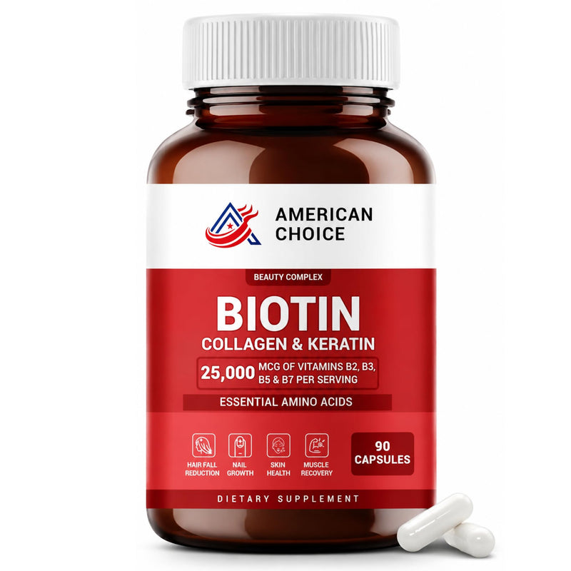 Biotin For Hair Growth Women & Men | Hair Skin and Nails Vitamins B2, B3, B5 and B7 - 25000 Mcg With Keratin Collagen Amino Acids and Minerals - Supports Stronger Nails, Healthy Skin - 90 Caps