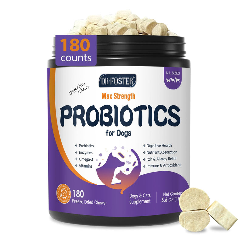 DRFOSTER Probiotics for Dogs, Freeze-Dried Dog Probiotics and Digestive Enzymes, Plus Omega-3 for Itchy Skin, Prebiotics for Digestive Health, Dog Vitamins and Supplements for Immune Health, 180 Bites Purple