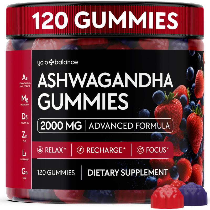Ashwagandha Gummies ‚Äì 120 Count - 2000 MG Ashwagandha Supplements with L-Theanine, GABA, Magnesium, Zinc & Vitamin D3 ‚Äì Sugar-Free, Vegan, Non-GMO‚ÄìNatural Support for Balance