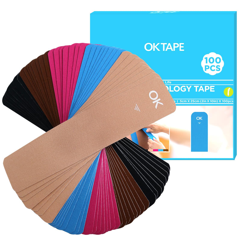 OK TAPE 100Pcs Precut Kinesiology Tape Strips, Elastic Athletic Tape for Joints Support & Muscle Pain Relief, Waterproof, Kinetic Tape for Shoulder, Knee, Ankle (5 Colors, 2 inch x 10 inch) Mixed 100 Pcs