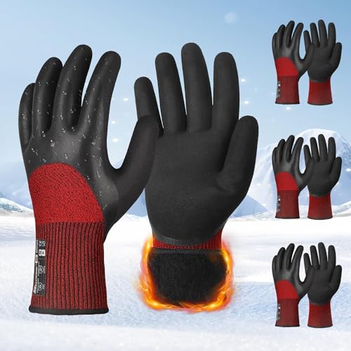 Schwer 3 Pairs Winter Work Gloves, 3/4 Double-Dipped Coating, CR3313, M Black-red Medium