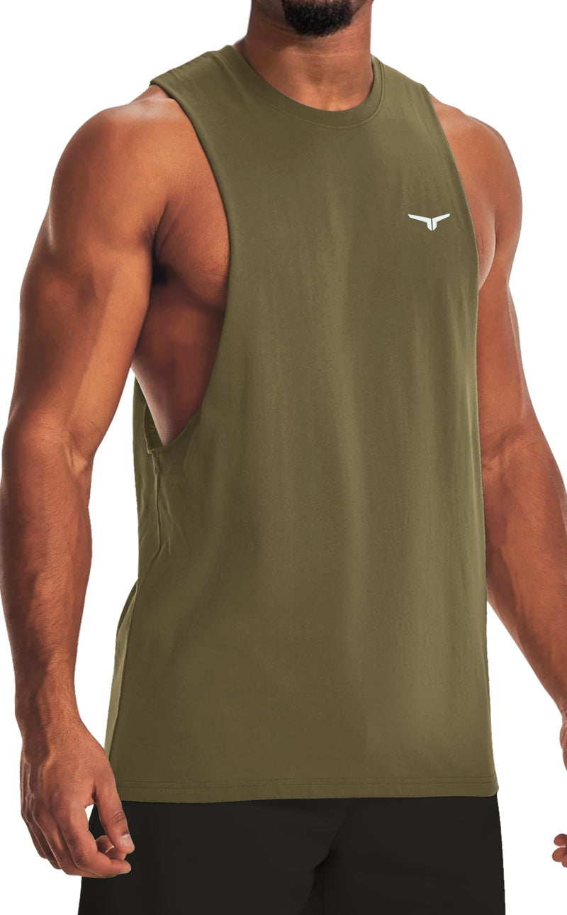 Men's Belief Drop Arm Tank Top Sleeveless Muscle T Shirts Gym Workout Stringers X-Large Army Green-cutoff - BeesActive Australia