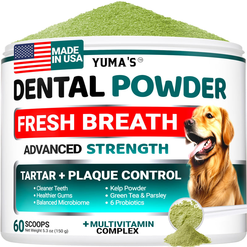 Advanced Dog Dental Powder, Breath Freshener, Dog Teeth Cleaning Powder, Bad Breath & Tartar and Plaque Off Remover for Dogs with Probiotics lab co, Pet Oral Care - 60 Scoops - Made in USA Apple 5.3 OZ