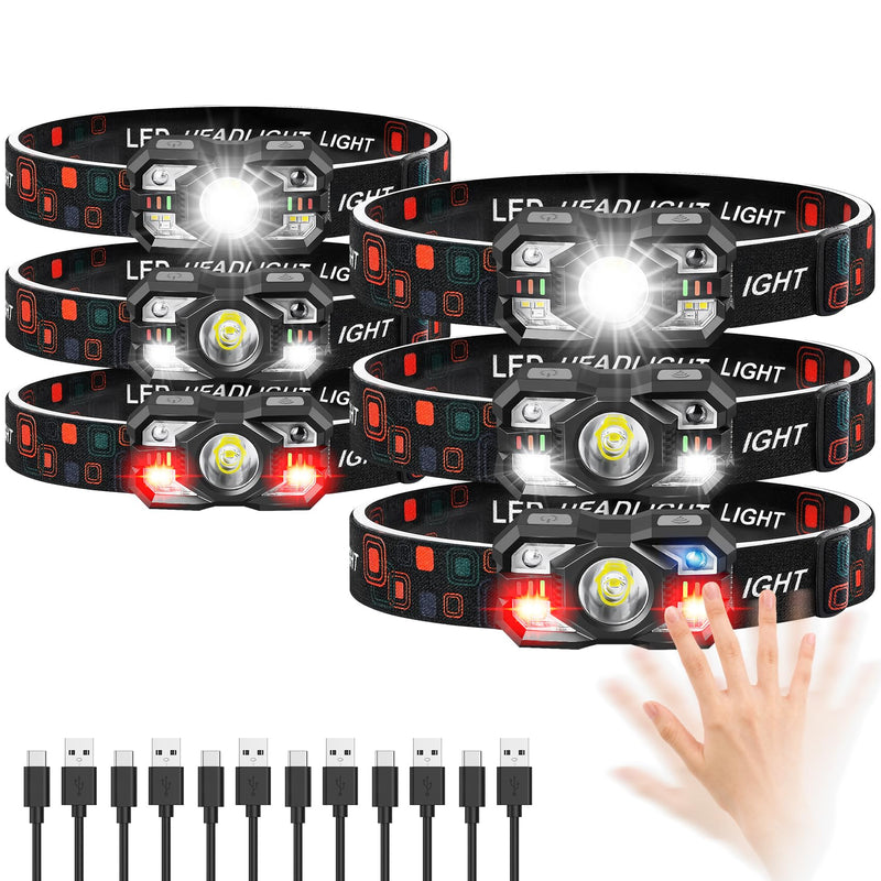 Headlamp Rechargeable 6Pack, 3000 Lumen Ultra-Light Bright Headlamp Flashlight with White Red Light, LED Headlight Motion Sensor, 5+5 Mode for Outdoor Camping Fishing Running Hiking (6) 6
