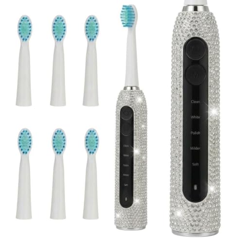 Diamond Sonic Electric Toothbrush Bling Rechargeable Toothbrushes for Adults with 6 Brush Heads Vibrating Toothbrush-5 Modes, USB-C Fast Charge,2Min Smart Timer,IPX7 Waterproof(White) White